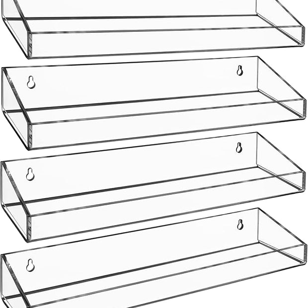 AMT 4 Pack Acrylic Floating Shelves, 15" L x 4" W, Clear Bathroom Wall Shelf, Bookshelves, Invisible Display for Office, Bedroom, Small Gap Allows Water to Escape, Free Screws & Drill Bit