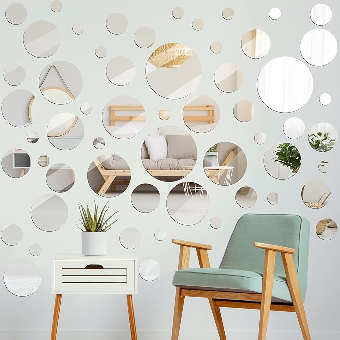 Jetec 56 Pcs Real Glass Round Mirror Tiles Frameless Wall Glass Tiles Round Wall-Mount Mirrors with Acrylic Double Sided Adhesive for Bedroom Bathroom Craft(2/3/4/6/8/10 Inch)