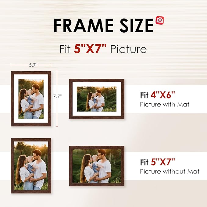 FIXSMITH 5x7 Picture Frame Bulk-4 Pack, Photo Frame with HD Plexiglass, Display Pictures 4x6 with Mat or 5x7 Without Mat, Brown Picture Frames Collage Wall Decor, Wall & Tabletop Picture Frames