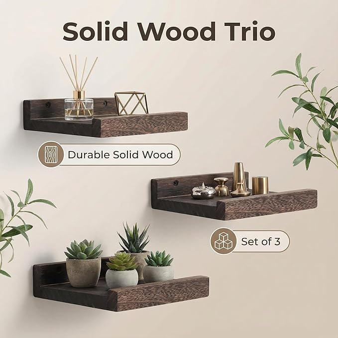 Z metnal Mini Floating Shelves, Small Natural Wooden Display Wall Shelf for Picture Ledge, Pawlownia, Wall Mounted, 6 x 5.5inch, 3 Pack
