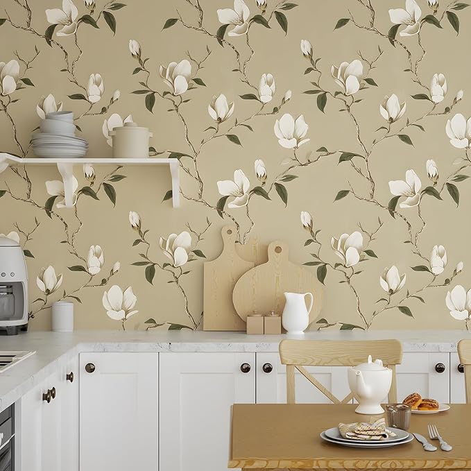 Floral Wallpaper Peel and Stick Vintage Flowers Contact Paper Waterproof Self Adhesive Removable Khaki Botanical Modern Wall Paper for Bedroom Walls Cabinet Locker 17.5