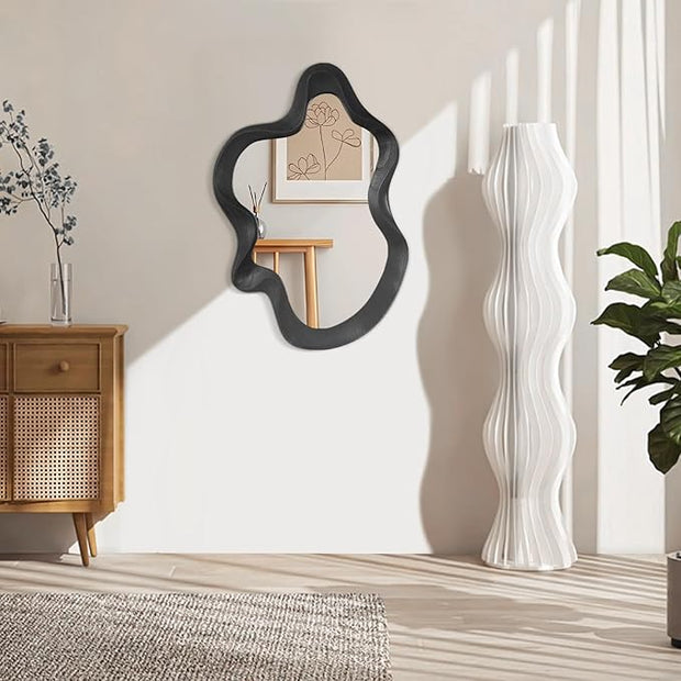 Asymmetrical Mirror for Wall Decor Large Modern Wavy Wooden Framed Wall Mirror Unique Shape Wall Mounted Vanity Artistic Wavy Mirror Decorative for Living Room Bedroom Bathroom Entryway Black