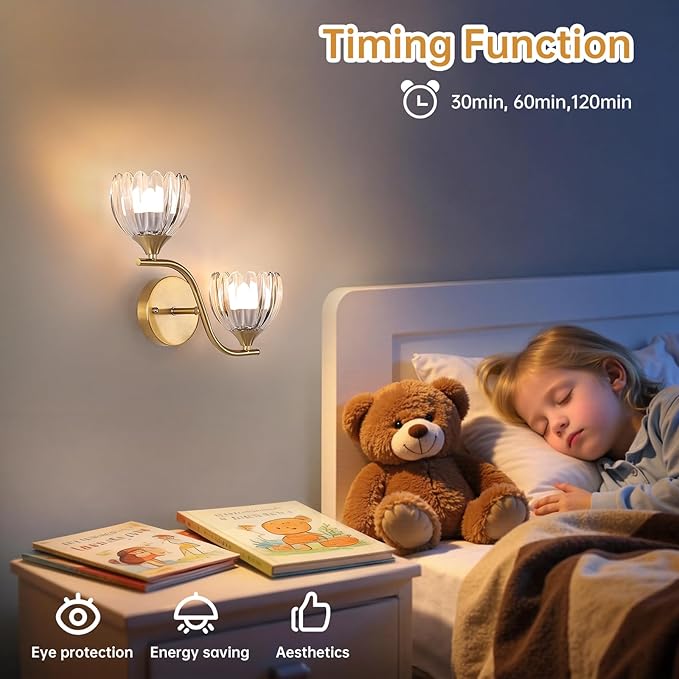 Battery Operated Wall Sconce, 2-Lights Vinatge Brass Wall Lighting with Clear Tluip Shade Rechargeable Bulb with Remote for Living Room, Bedroom