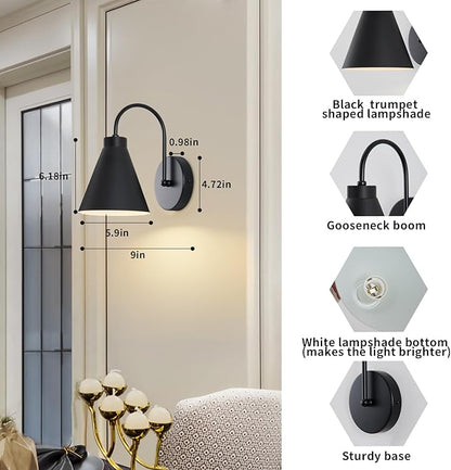 Vintage Cordless Gooseneck Battery Operated Wall Sconces Set of 2, Black Bedside Battery Powered Wall Decor Lamps with Remote Control, Wireless Indoor LED Lights Fixture for Hallway Bedroom