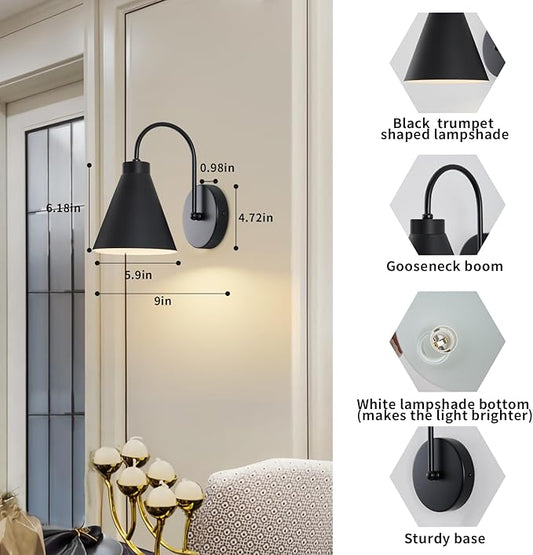 Vintage Cordless Gooseneck Battery Operated Wall Sconces Set of 2, Black Bedside Battery Powered Wall Decor Lamps with Remote Control, Wireless Indoor LED Lights Fixture for Hallway Bedroom