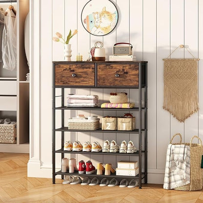 Shoe Rack Organizer 5 Tier Metal Organizer Shelf with Industrial MDF Board and Layer Fabric for Entryway Closet Bedroom Living Room Garage (Black+Rustic Brown, 5 Tier with 2 Drawers)