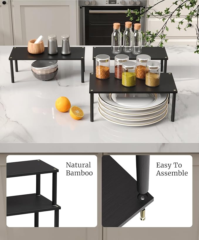 Cabinet Organizer Shelf(Set of 3),Bamboo Kitchen Counter Shelves for Countertop and Cabinet,Stackable Shelf Spice Racks,Large(Black)
