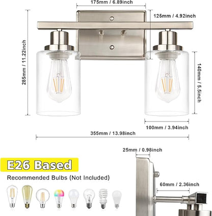 Ascher 2-Light Wall Sconces, Modern Vanity Light Fixture with Clear Glass Shade, Brushed Nickel Wall Light for Mirror Bedroom Hallway, E26 Base (Bulbs Not Included)