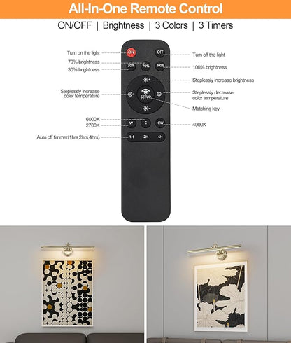 Battery Operated Picture Light, Cordless Art Light with Remote Control, Photo Frame Light with 5000mAh Battery, 3 Color Temperatures & Stepless Dimming for Gallery, Hallway(Antique Bronze, 23.6inch)