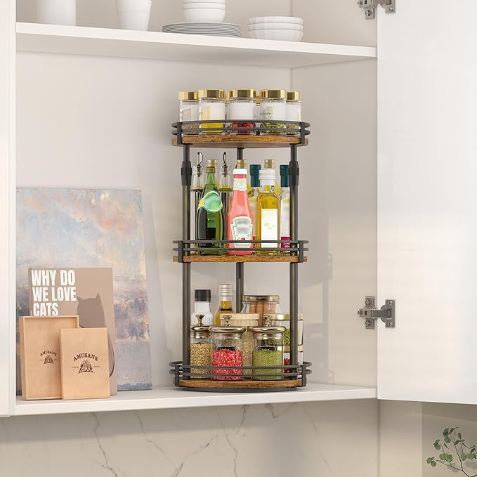 Lazy-Susan-Organizer-Spice-Rack, 3-Tier Rotating Spice Organizer For Kitchen-Cabinet-Countertop-Pantry, Turntable Seasoning Holder Storage Shelf With Adjustable Height