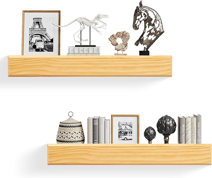 24 Inch Picture Ledge Shelf with Lip,Floating Shelves for Wall, Set of 2 Solid Pine Wood Shelves with Invisible Brackets, Wall Storage for Living Room, Bedroom, Kitchen, Bathroom(Nature Wood)