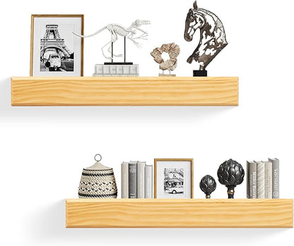 24 Inch Picture Ledge Shelf with Lip,Floating Shelves for Wall, Set of 2 Solid Pine Wood Shelves with Invisible Brackets, Wall Storage for Living Room, Bedroom, Kitchen, Bathroom(Nature Wood)