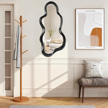 Asymmetrical Mirror Irregular Wall Mirror Modern Wood Frame Unique Mirrors Cute and Stylish Cloud Wavy Mirrors Decorative for Cloakroom Bedroom Living Room Bathroom Entryway 30"x14"
