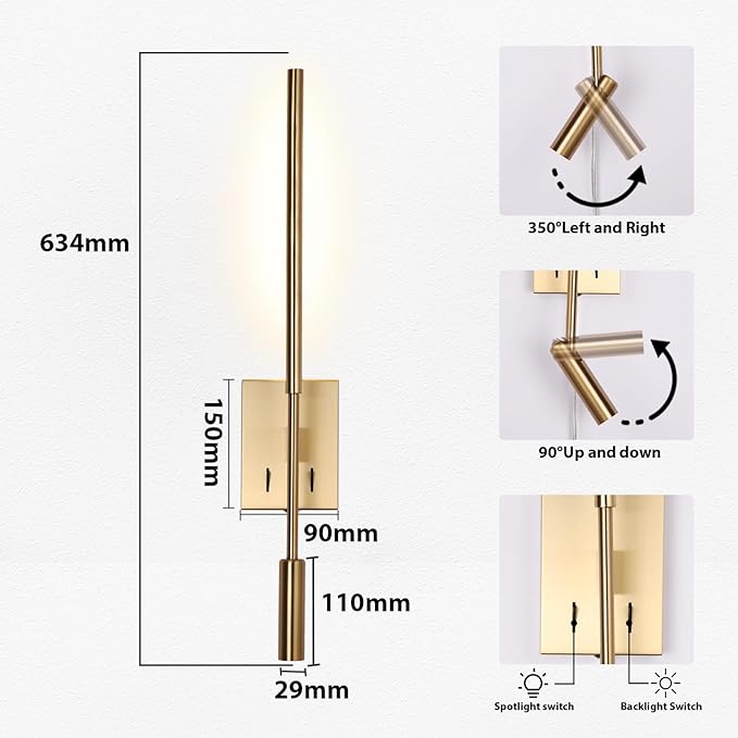 ZEROUNO Modern Plug in Wall Sconce Set of 2, Gold LED Wall Mounted Reading Lamp with Switch, Minimalist Linear Wall Light Fixture with 5.9FT Clear Cord for Bedroom Living Room Hallway Decor
