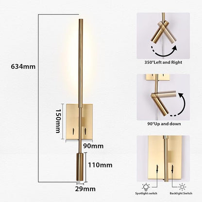 Modern Plug in Wall Sconce Indoor Ambient Lighting for Bedroom, Gold LED Wall Mounted Reading Lamp with Switch, Corded Minimalist Linear Wall Light with 5.9FT Clear Cord for Living Room Corner Hallway