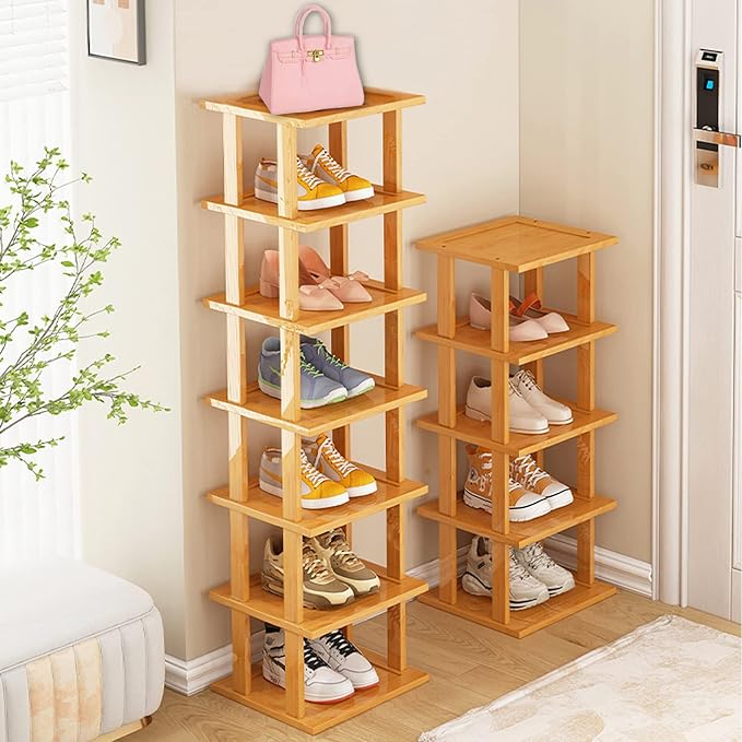 Bamboo Shoe Rack 5Tier- Vertical Shoe Rack for Small Spaces, Tall Narrow Shoe Rack Organizer for Closet Entryway Corner Garage and Bedroom,Skinny Shoe Shelf with Free Stackable DIY