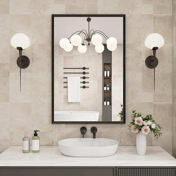 Bathroom Vanity Mirror 24x36 Inch, Matte Black Rectangle Bathroom Mirror, Anti-Rust, 4MM Tempered Glass, Wall-Mounted Mirror, Hangs Horizontally or Vertically for Bathroom & Bedroom