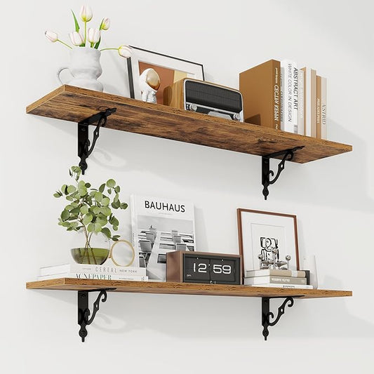 RICHFOCUS Floating Shelves for Wall Decor, 35.4W x 8D Wall Shelves Set of 2, 8 Inch Deep Rustic Wood Shelves Wall Mounted with Brackets, Long Shelves for Living Room Bedroom Kitchen, Rustic Brown