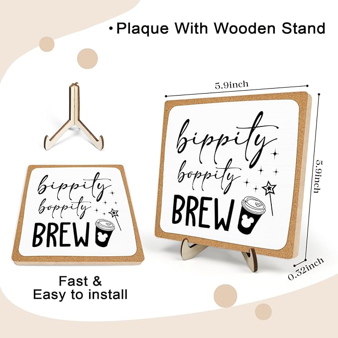 Coffee Bar Sign Plaque Decor,Bippity Boppity Brew Desk Decor for Kitchen,Coffee Bar Accessorie,Cute Wooden Tabletop Plaque, Rustic Farmhouse Shelf Sign for Home or Office Decoration 5.9x5.9Inch(White)