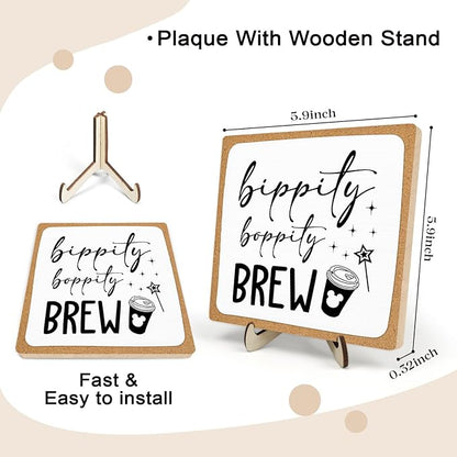 Coffee Bar Sign Plaque Decor,Bippity Boppity Brew Desk Decor for Kitchen,Coffee Bar Accessorie,Cute Wooden Tabletop Plaque, Rustic Farmhouse Shelf Sign for Home or Office Decoration 5.9x5.9Inch(White)