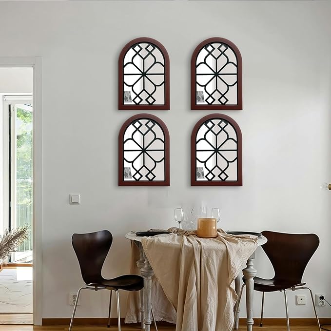ZEXUIRU Set of 4 Arched Window Wall Mirror Rustic Farmhouse Accent Mirror Wood Framed Entry Wall Decoration for Living Room Bathroom Bedroom Kitchen