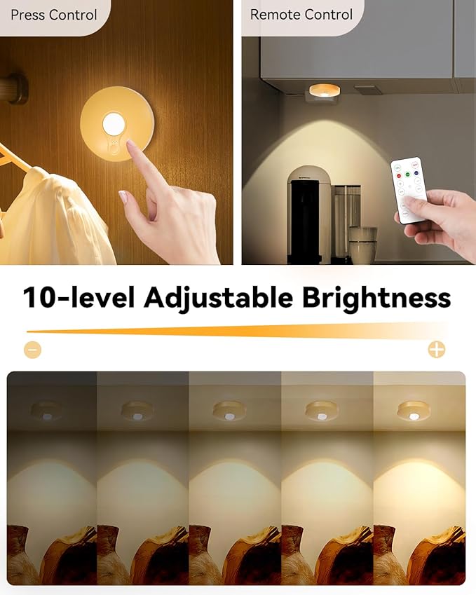 Rechargeable RGB Puck Lights with Remote Control, 1500mAh Battery Operated Push Lights, Dimmable & Timer Under Cabinet Lighting for Closet, Bedroom, Kitchen Gold 12Pcs