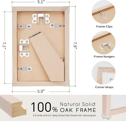 puthiac 5x7 Solid Oak Wood Picture Frame, Fits 4x6 with Mat or 5x7 Without Mat, Wall or Tabletop Display with Stand, Vertical or Horizontal, Plexi Front, 3 Pack, Natural Oak
