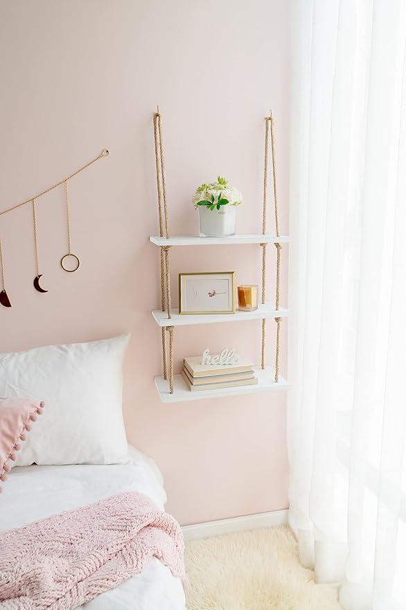 Mkono Hanging Shelves 3 Tier White Wood Wall Mount Floating Shelf with Rope Boho Decor for Living Room Bathroom Bedroom Kitchen Apartment - Rustic Wood Decorative Storage Shelf