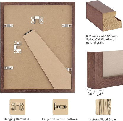 puthiac 8x10 Solid Oak Wood Picture Frame, Fits 6x8 with Mat or 8x10 Without Mat, Wall or Tabletop Display with Stand, Vertical or Horizontal, Plexi Front, 3 Pack, Walnut