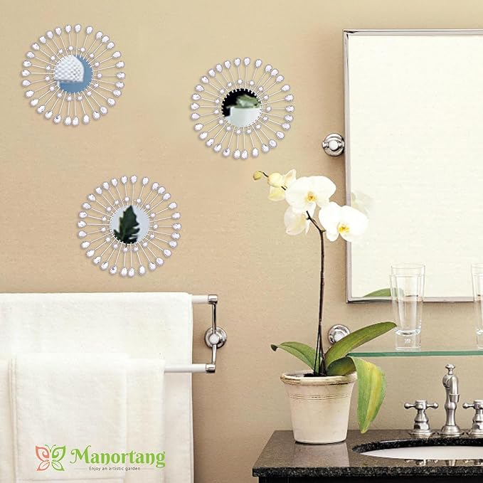 Silver Mirrors 3 PCE, 9 inchSunburst Mirror Hanging Wall Decor, Valentine Decorative Mirror Wall Art, Round Mirrors for Bedroom Living Room Bathroom Kitchen, Warming Valentine Gifts