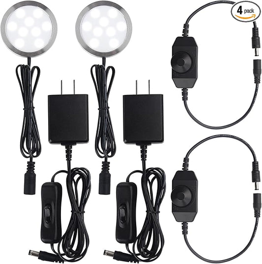 Under Cabinet Light 2.5 inch, Single LED Puck Light for Kitchen Counter Collection Display Lighting, Dimmer Switch, 120VAC Plug in, Black Cord, 2 Packs, Cool White