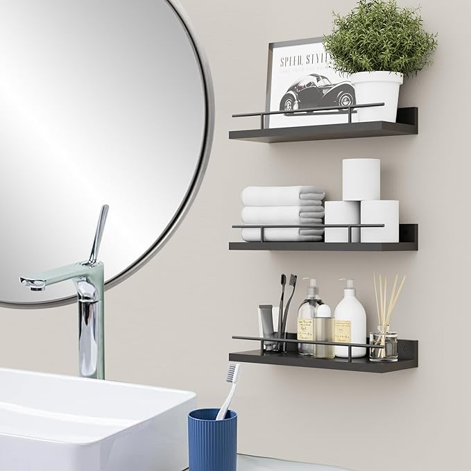 Floating Shelves with Metal Guardrail, Wall Decor Shelves for Bathroom, Living Room and Bedroom, (Black-Black) Shelves for Home Decor