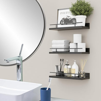 Floating Shelves with Metal Guardrail, Wall Decor Shelves for Bathroom, Living Room and Bedroom, (Black-Black) Shelves for Home Decor