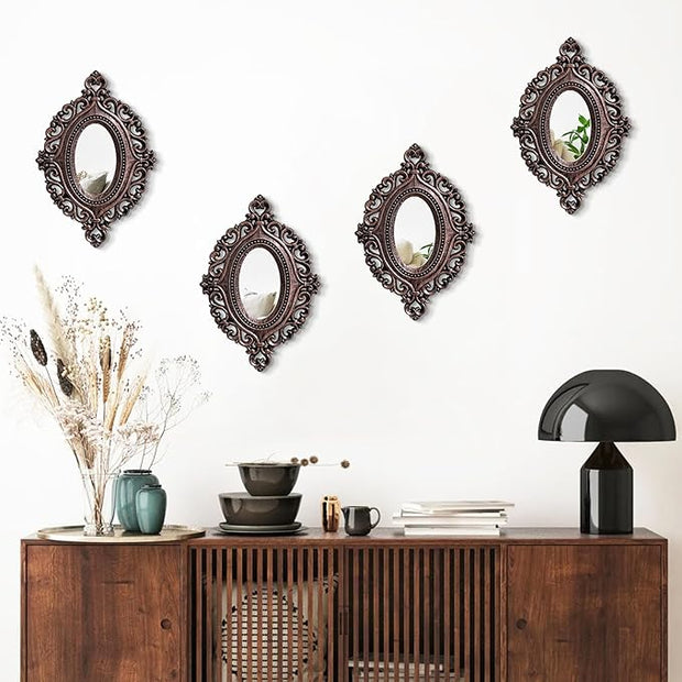 ZEXUIRU Set of 4 Wooden Rustic Wall Mirror Vintage Style Decorative Entry Mirror Farmhouse Wall Decoration for Living Room Bedroom Bathroom Kitchen