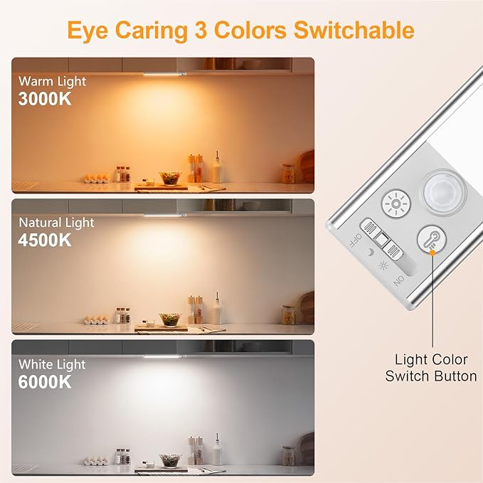 Gritin 10.2inch Under Cabinet Lighting Rechargeable 2 Pack- 3 Color Temps&5 Level Brightness, Super Bright, 4 Modes, Motion Sensor, Long Lasting - Easy Installation Magnetic Under Closet Lights