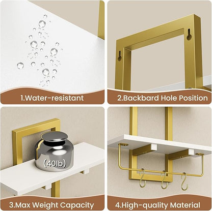 Floating Shelves, 15" Wall Shelf Set of 2, Hanging Bathroom Shelves 2-Tier, Wall Mounted Storage Shelves, for Living Room Bedroom Bathroom Kitchen Office Coffee Bar, White and Gold