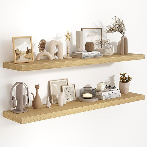 Fun Memories 55 Inch Long Floating Shelves for Wall Set of 2, 55x9.3 Large Floating Shelf for Bedroom, Kitchen, Bathroom, Wall Mounted Rustic Wood Shelves with Invisible Bracket for Books, Decor, Oak