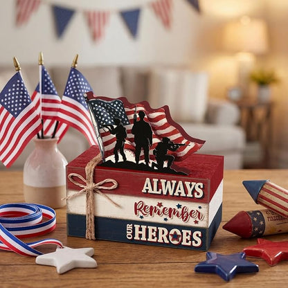 Geelin 4 Pcs Memorial Day Wooden Book Stack Decorations, Patriotic Tabletop Book Sign with Soldiers and American Flag, Rustic Red White Blue Tiered Tray Decor for Home Office Veterans Day