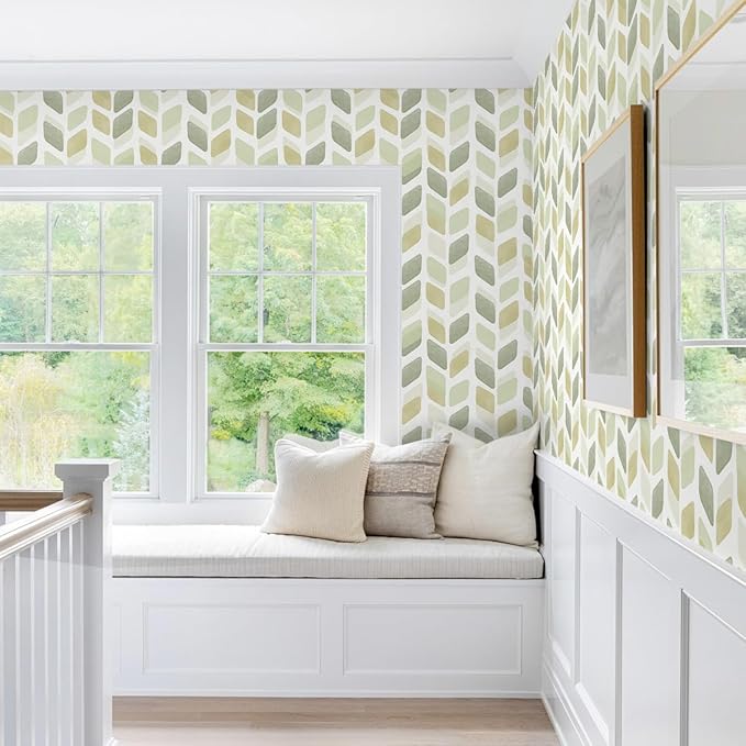 Boho Peel and Stick Wallpaper Checkered Contact Paper Neutral Geometric Wall Paper Modern Self Adhesive Removable Wallpaper for Bathroom Kitchen Cabinets Waterproof(Green/Yellow,17.3in X 32.8ft)