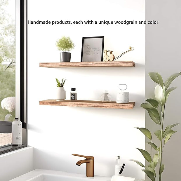PHPH 24 Inch Wood Floating Shelves for Wall, Wooden Wall Shelves for Bedroom, Set of 4 Light Brown