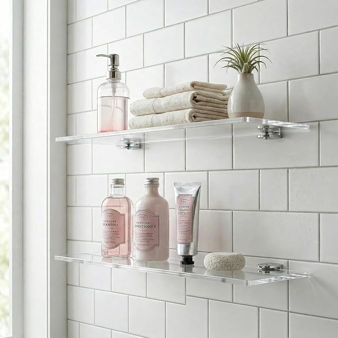 iobiotio Small Floating Shelves, 15'' Shelves for Wall, Decorative Floating Shelves for Home Office, Wall Mounted Rack, Clear, 2 Pcs