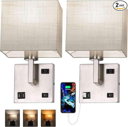 AVV Bedroom Sconces Set of 2, Wall Mounted Bedside Lamps with USB Port, AC Outlet and 3 Color Selectable 2700K/4000K/5000K, Wall Lamps for Bedroom Living Room Hotel, Hardwire, Nickel