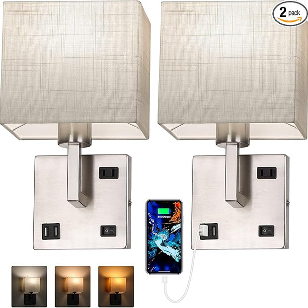 AVV Bedroom Sconces Set of 2, Wall Mounted Bedside Lamps with USB Port, AC Outlet and 3 Color Selectable 2700K/4000K/5000K, Wall Lamps for Bedroom Living Room Hotel, Hardwire, Nickel