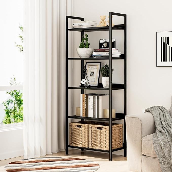 NUMENN Bookshelf, 5 Tier Bookshelves, Home Office Bookcase Shelf Storage Organizer, Free Standing Storage Shelving Unit for Bedroom, Living Room and Home Office, Black