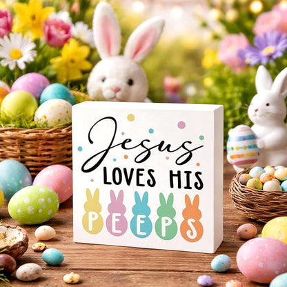 Christian Easter Decor Jesus Loves His Peeps Wooden Box Sign, Religious Bunny Easter Decorations for Home, Farmhouse Easters Desk Decorations for Office Kitchen Shelf Plaque 5x5 Inch