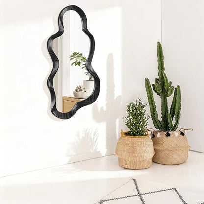 Asymmetrical Mirror Irregular Wall Mirror Modern Wood Frame Unique Mirrors Cute and Stylish Cloud Wavy Mirrors Decorative for Cloakroom Bedroom Living Room Bathroom Entryway 30"x14"