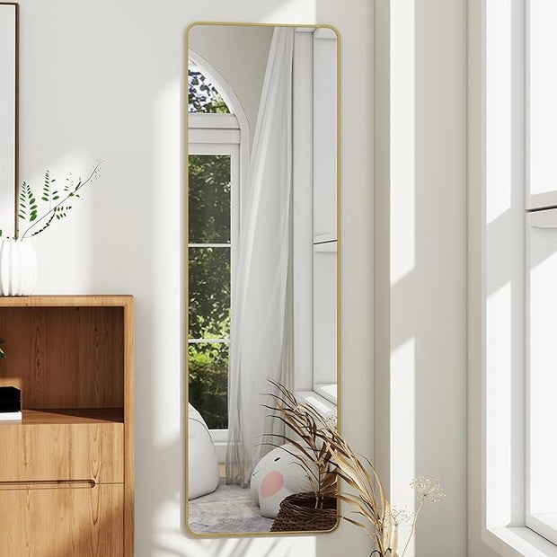 Full Length Door Mirror 14x48, Metal Frame with Protective Film, No-Drilling Hanging or Wall Mount (Horizontal/Vertical), Hooks & Hardware Included, Full Body Mirror for Bedroom, Dorm, Gold
