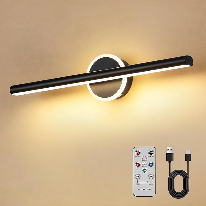 Wireless Picture Light, 16 inches Art Wall Light, Picture Light Battery Operated,Battery Operated Wall Lights,Gallery Light for Painting,Photo,Library (Matt Black)