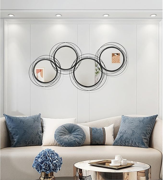 Round Decorative Wall Mirror, Black 4 Pcs Circle Modern Mirror Wall Art Ring Metal Mirrors Wall Mounted for Living Room Bedroom Entryway Dining Room Hallway 16x32 Inch