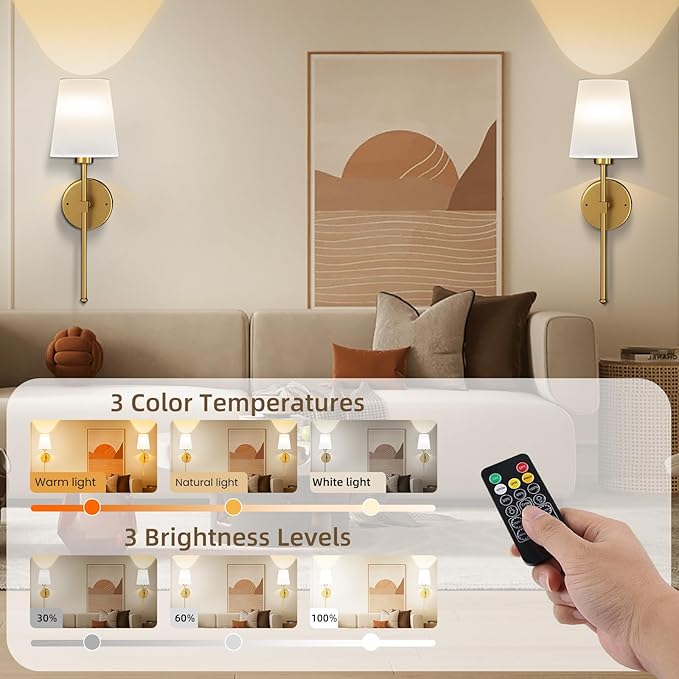 Battery Operated Wall Sconce Set of 2, Rechargeable Wall Lights with Dimmable Detachable Charging Bulbs and Remote, 3 Color Temperature Wireless Sconces for Bedroom Living Room Hallway (Large)
